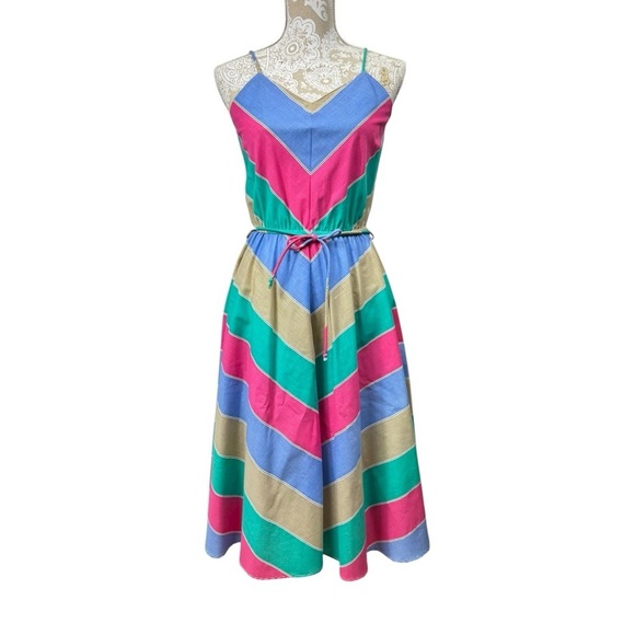 Vintage Dresses & Skirts - Vintage 70s 9 S Sundress Strappy Mod Rainbow Chevron Striped Disco Fit Flare